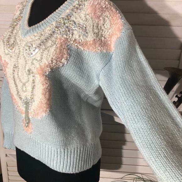Vintage 90s Jaclyn Smith Pullover Sweater Beaded Paisley Detailing Light Blue S - Picture 6 of 15